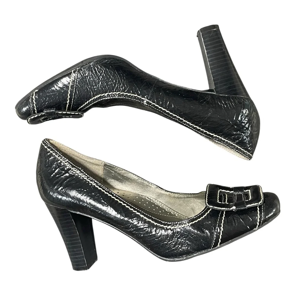 Italian Shoemakers Contesa Women 7 Pumps Square Toe Contrast Stitch Leather Blac